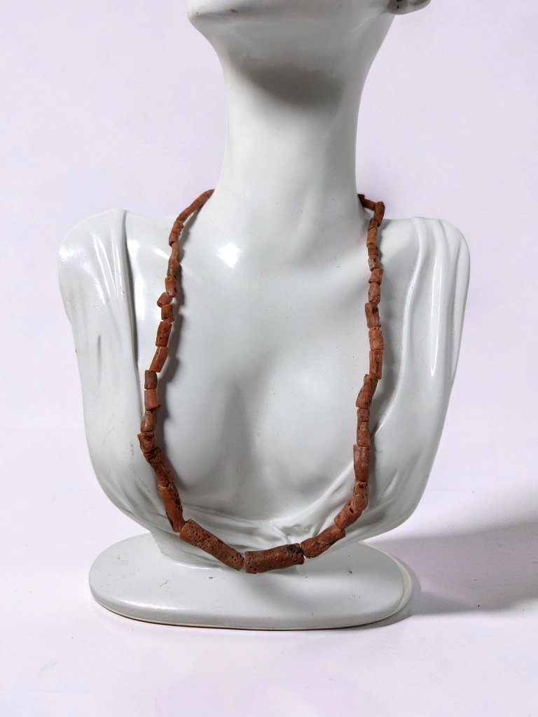 Vintage Mediterranean Red Coral Beaded Necklace Features Natural, Raw-Shaped Cyl